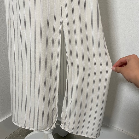 [AQUA] WHITE STRIPED RUFFLE OFF-SHOULDER DRESS W/ TIE-WAIST & SLIT - Picture 6 of 6